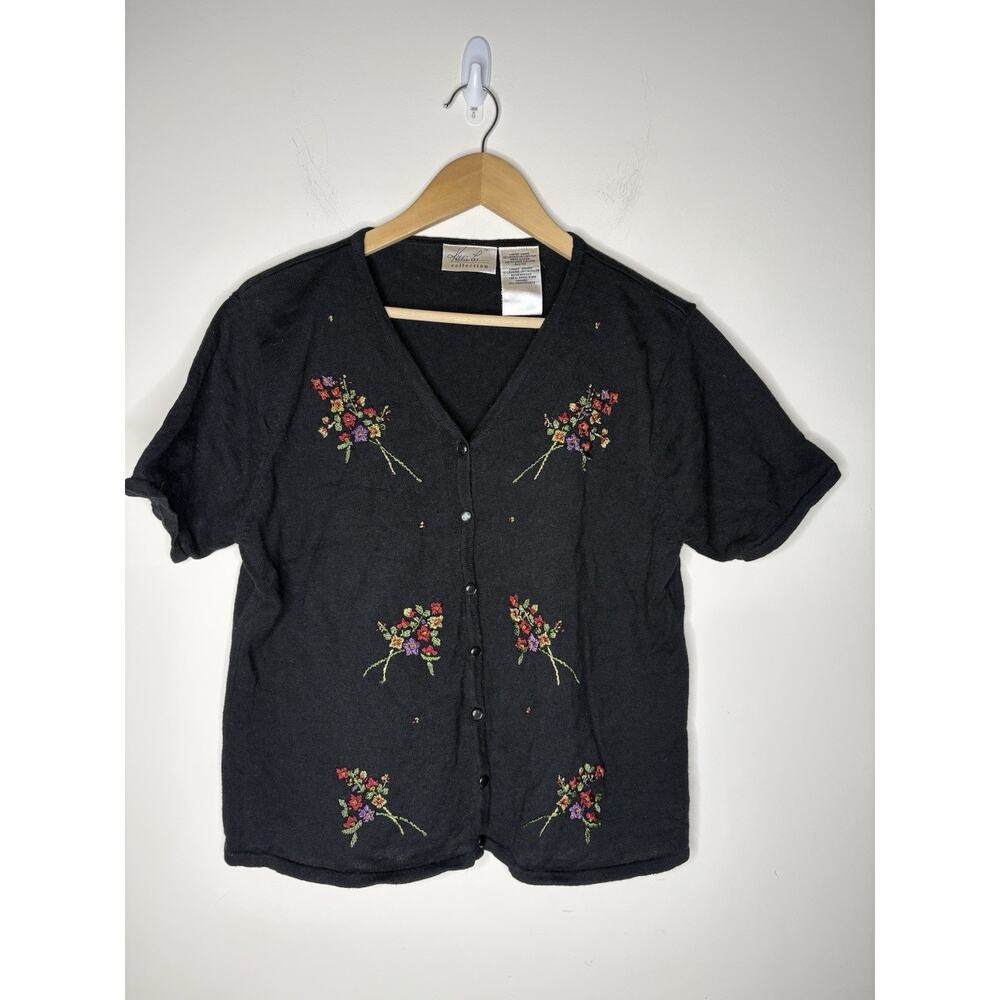 Vintage KATHIE LEE Womens Large Cardigan Sweater Short Sleeve Black Embroidered
